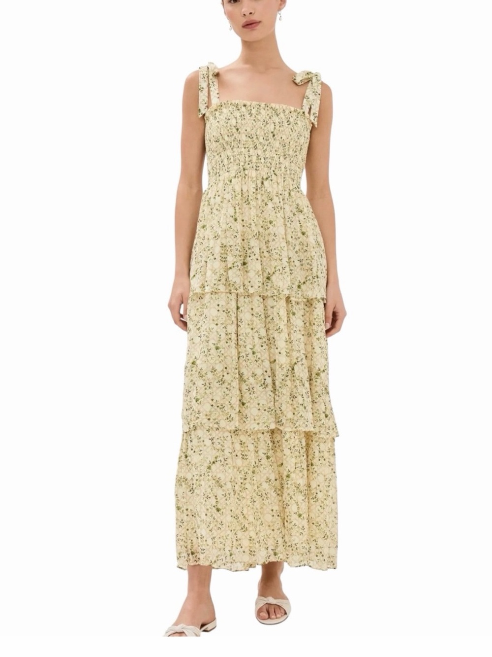 Hill House The Elise Nap Dress in Basketweave Vine Butter Yellow Tiered Maxi MED